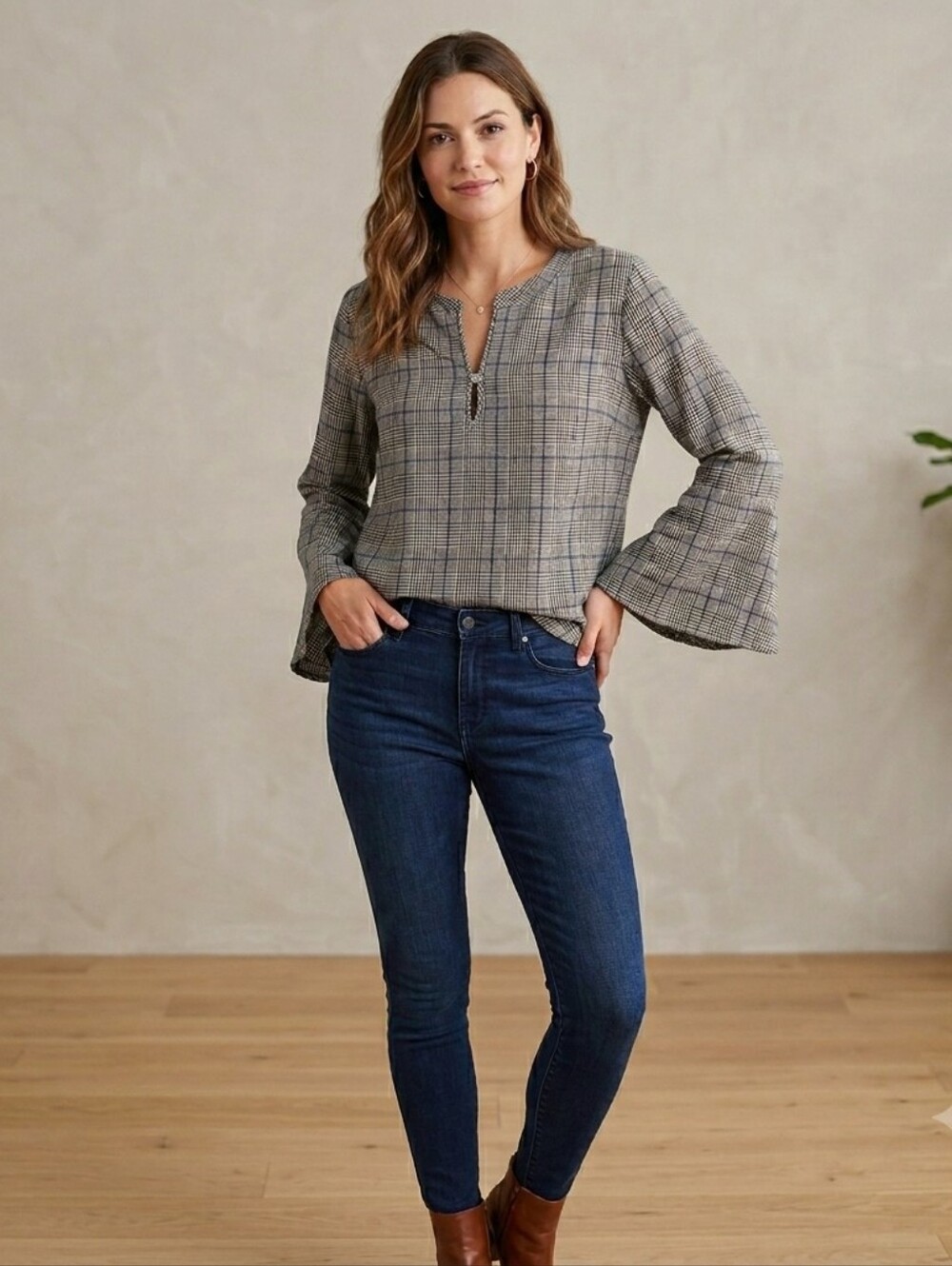 Karen Kane Plaid Bell Sleeve Split Neck Button Detail Blouse XL